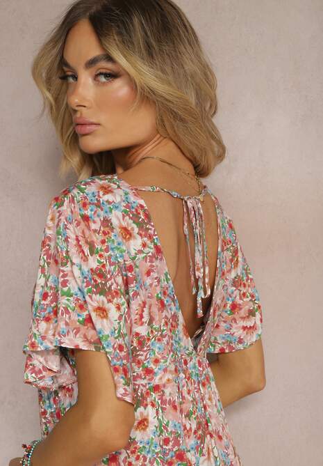 Różowo-Beżowa Wiskozowa Sukienka o Rozkloszowanym Fasonie z Guzikami i Odkrytymi Plecami Watella