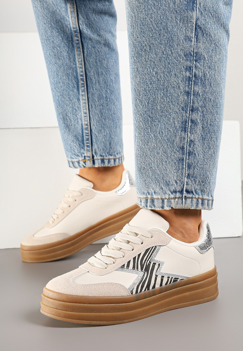 Beżowe Sneakersy w Stylu Tenisówek z Brokatowymi Wstawkami i Printem w Zeberkę Salliotta