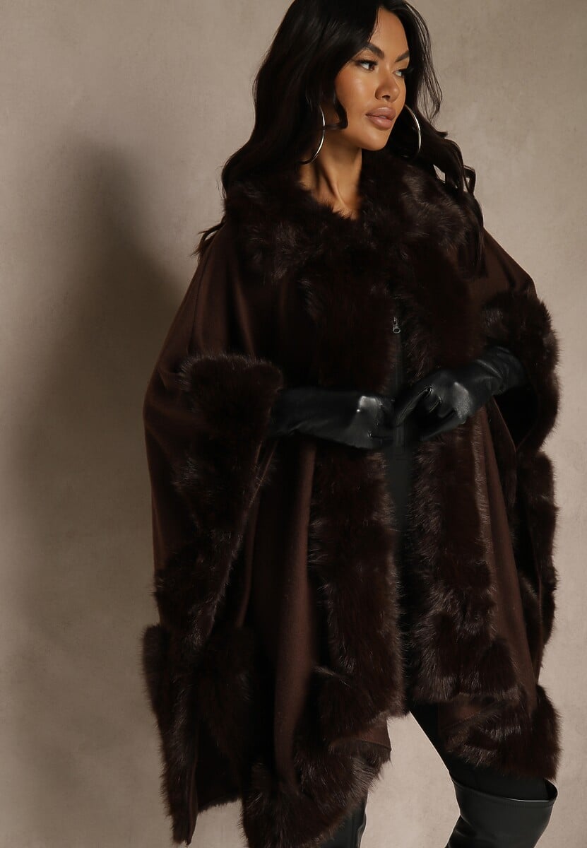 Brązowe Ponczo z Wiskozą Wełną i Futerkiem Mevicia