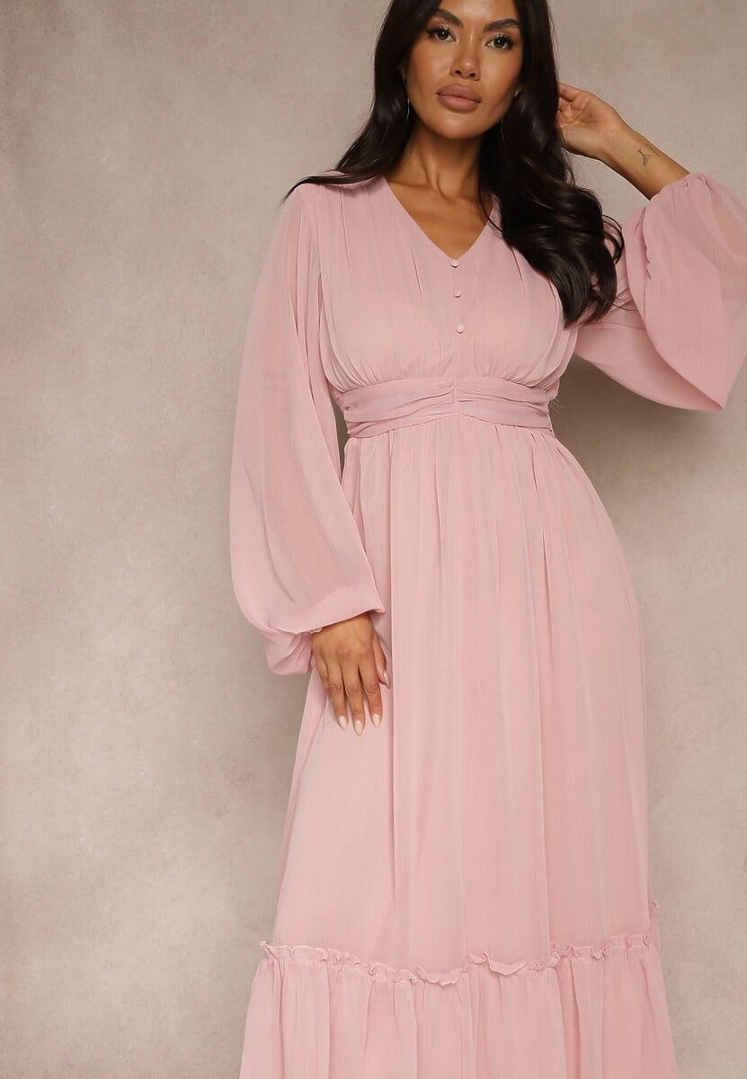 Beżowa Plisowana Sukienka Koktajlowa Ozdobiona Guzikami i Falbankami Osumia