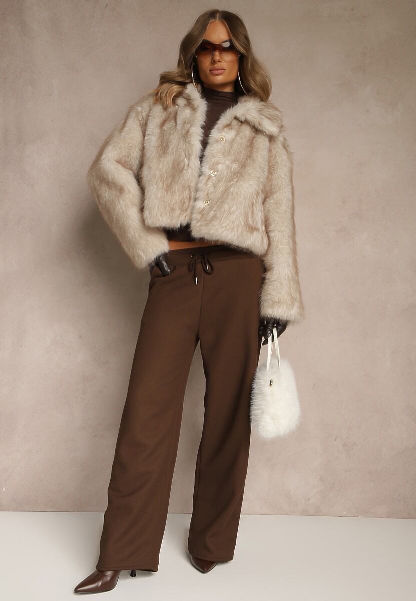 Beżowa Kurtka Futerko o Fasonie Cropped z Kołnierzem Abentia