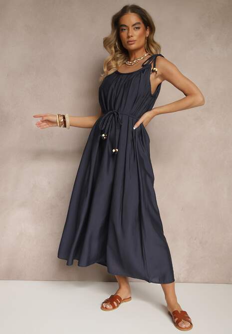 Granatowa Wiskozowa Sukienka Boho na Wiązanych Ramiączkach z Paskiem z Plecionki Miratera