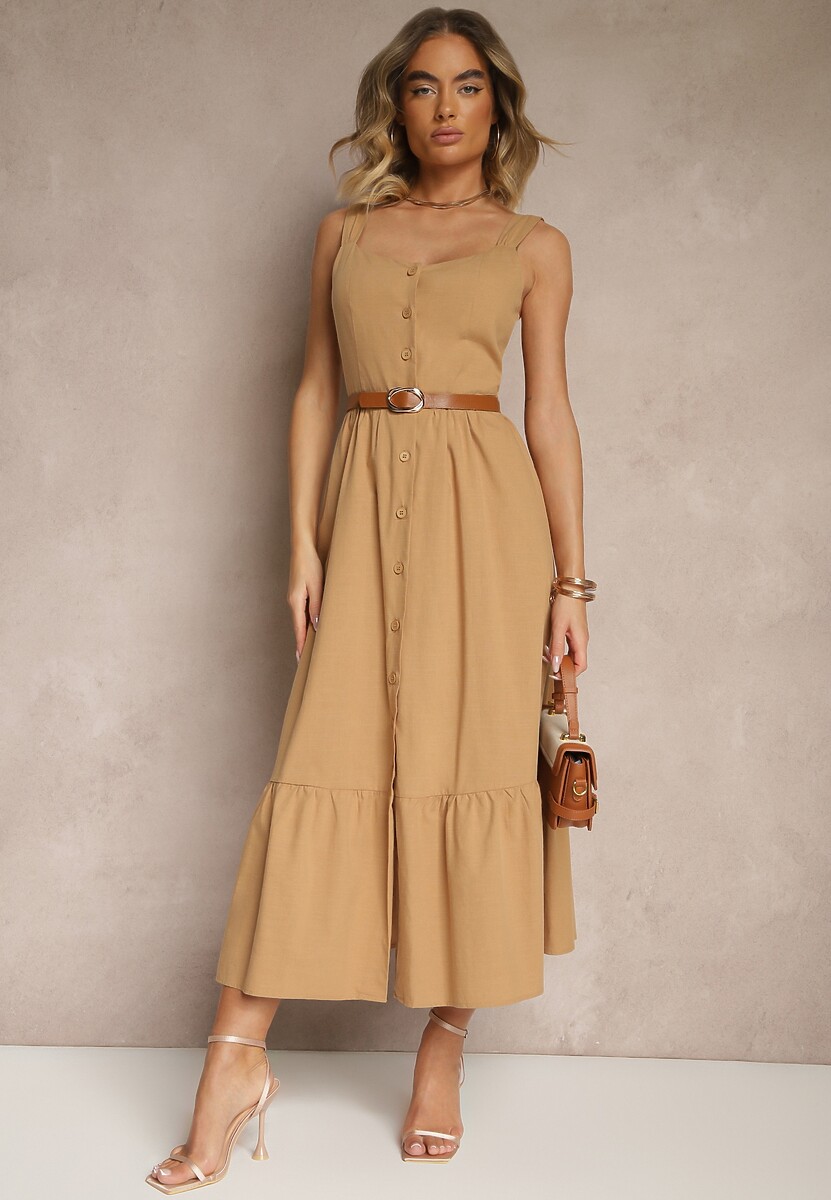 Ciemnobeżowa Sukienka Rozkloszowana z Bawełną Ozdobiona Guzikami i Falbanką Lunavin