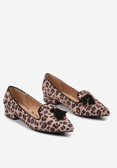 Beżowo-Czarne Czółenka Cętkowane z Frędzlami na Małym Obcasie Erisana