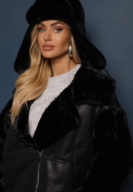 Czarna Kurtka Pilotka z Ozdobnym Futerkiem Grapela