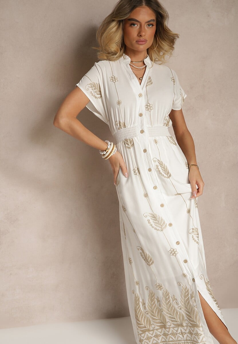 Biała Sukienka Koszulowa z Bawełną i Metaliczną Nicią Ullio