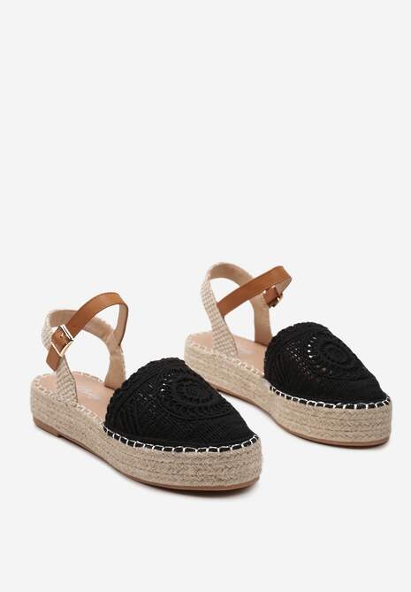 Czarne Espadryle na Niskiej Platformie z Plecionki Zapinane na Sprzączkę Riskada
