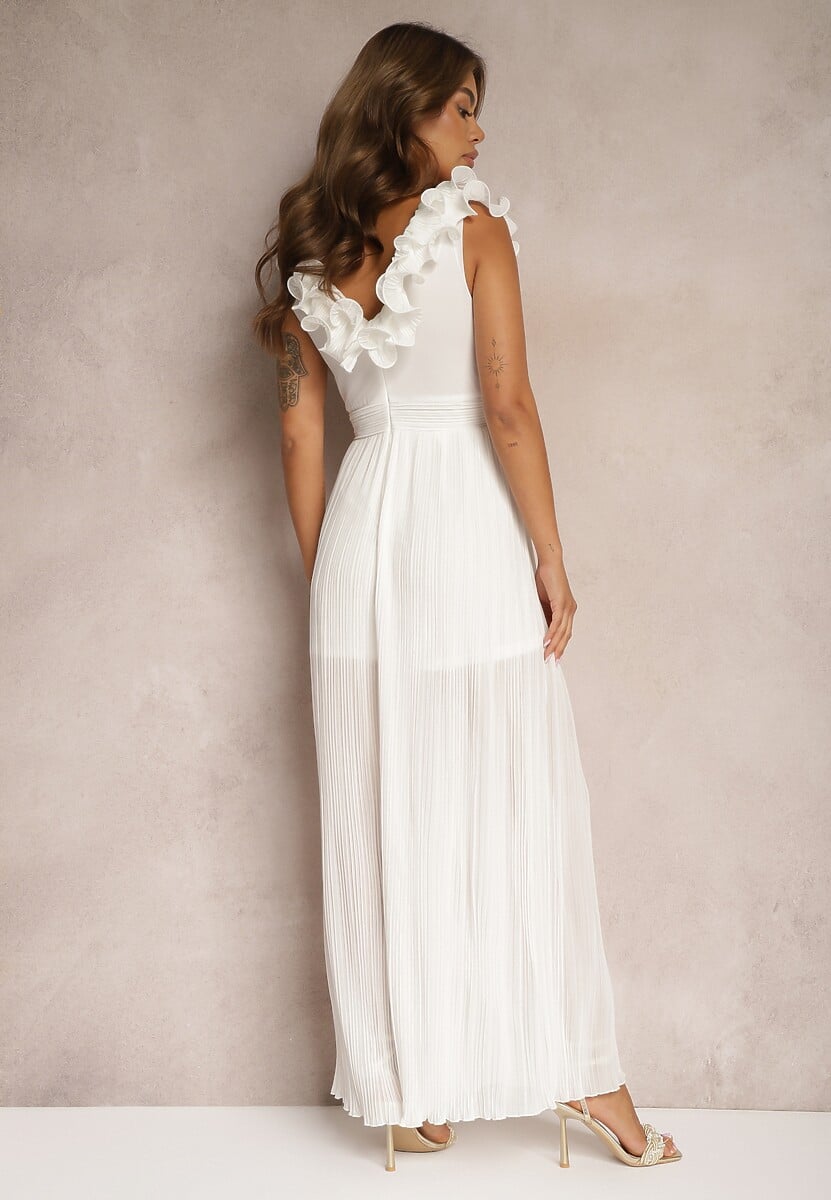 Biały Taliowany Koktajlowy Kombinezon z Szerokimi Nogawkami Ozdobiony Falbanami Gealfrea