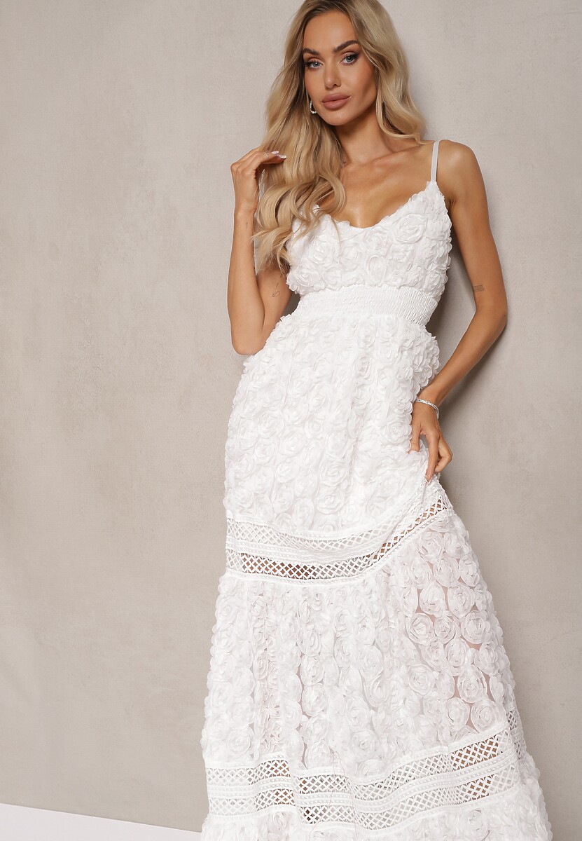 Biała Sukienka Koktajlowa z Motywem Kwiatów na Regulowanych Ramiączkach z Gumką w Talii Navitha