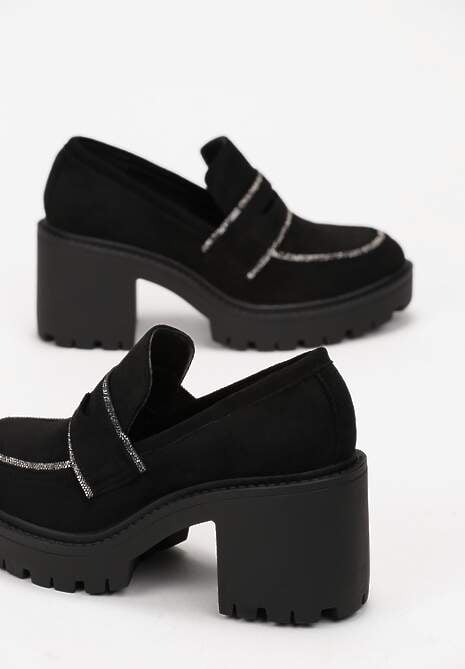 Czarne Półbuty przed Kostkę na Słupkowym Obcasie z Cyrkoniami Sarratoni