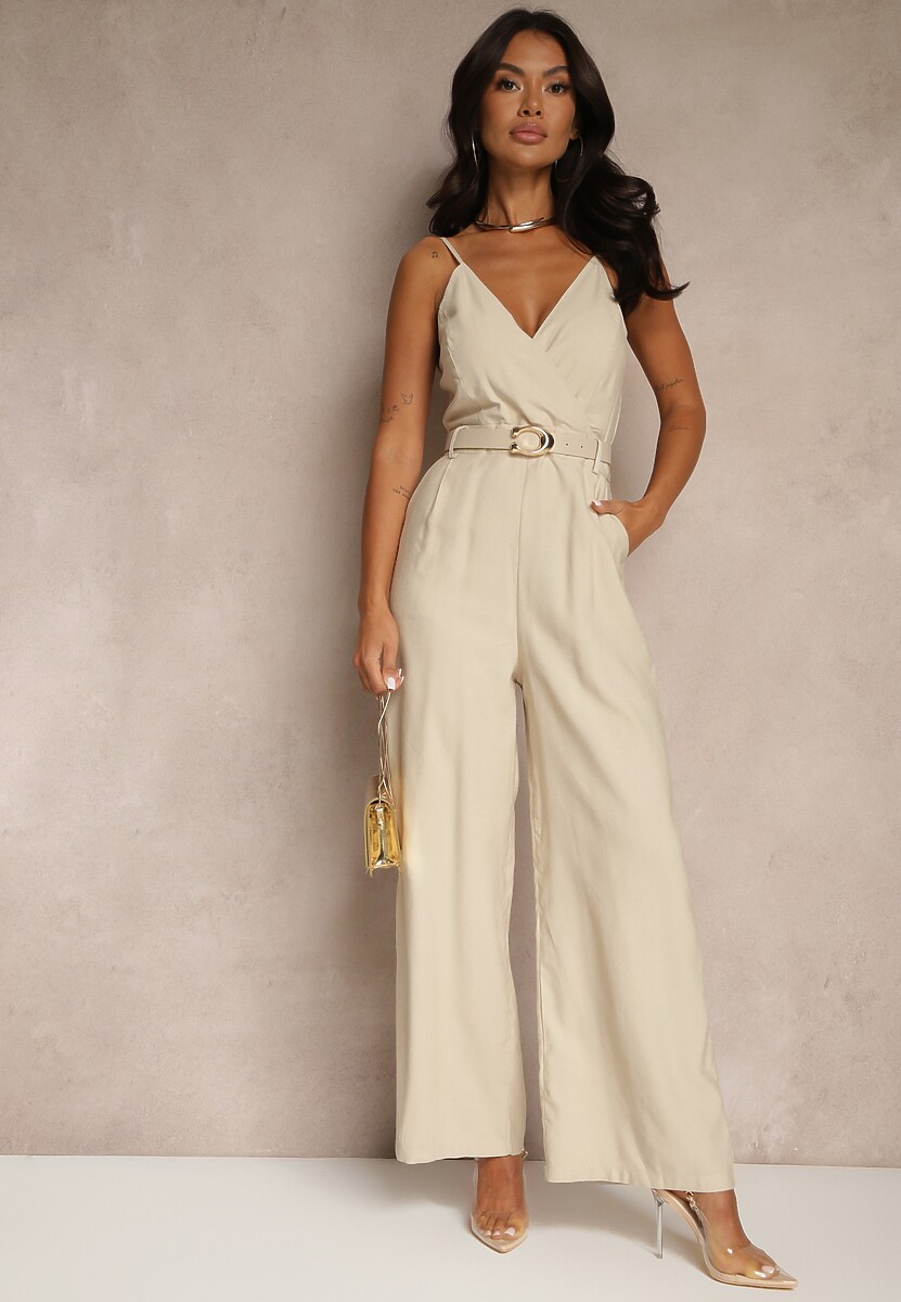 Beżowy Kopertowy Kombinezon z Wiskozy na Ramiączkach z Paskiem z Klamrą Modivla