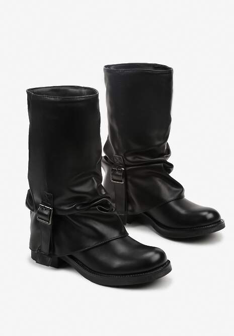 Czarne Botki Bikery z Wywiniętą Cholewką z Marszczeniem i Klamrą Fenilea