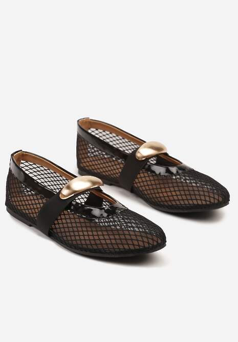 Czarne Siateczkowe Balerinki z Metaliczną Ozdobą i Paskiem Irelisa
