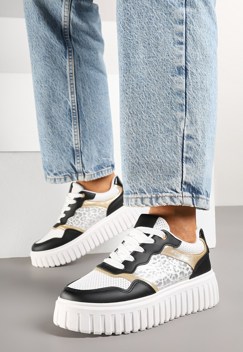 Czarno-Białe Sneakersy na Platformie z Tłoczeniami Zdobione Panterkowym Printem Herraza