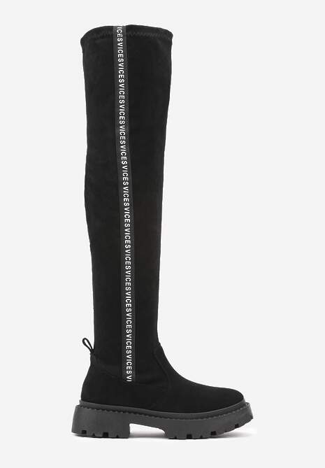 Czarne Kozaki z Ekozamszu z Dopasowaną Cholewką i Ozdobną Taśmą z Logo Naorema