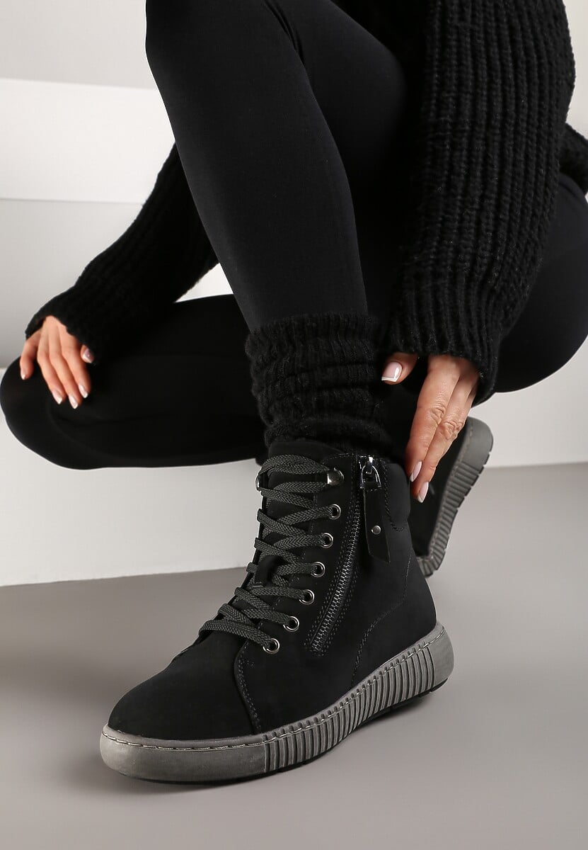 Czarne Traperki Sportowe ze Sznurowaniem i Ociepleniem Persetina