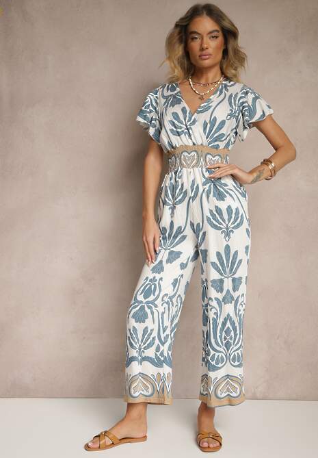 Niebieski Kombinezon z Wiskozy z Zaznaczoną Talią w Boho Wzór i Dekoltem V Virazia