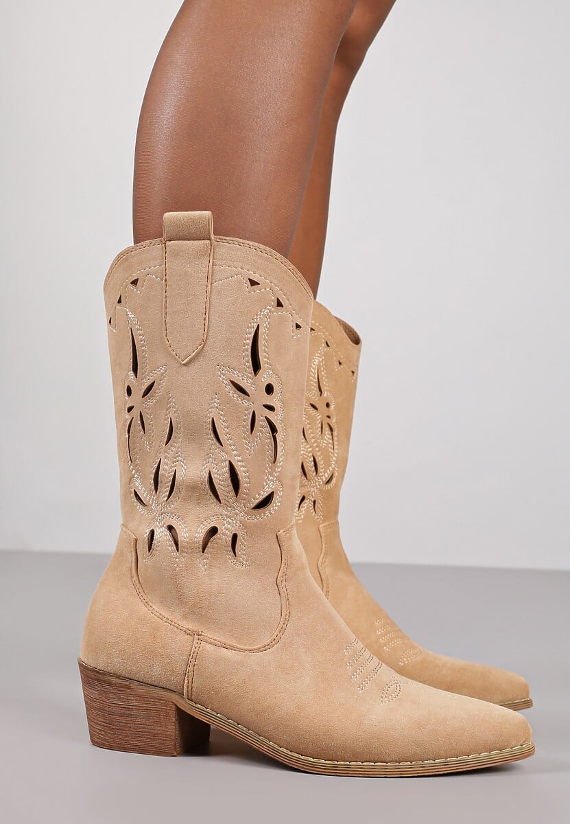 Ciemnobeżowe Botki Vices na Słupku Kowbojki z Ażurową Cholewką Rivori