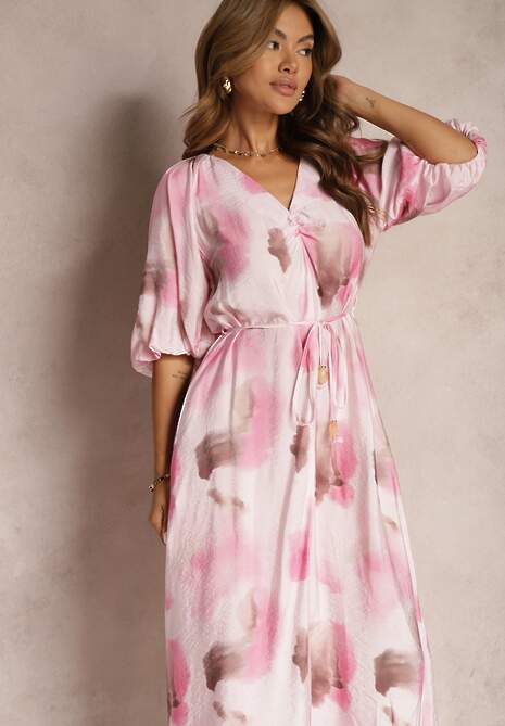 Różowa Wiskozowa Sukienka o Rozkloszowanym Kroju z Paskiem w Talii i Bufiastymi Rękawami Uranea