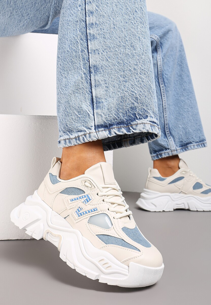 Beżowo-Niebieskie Sneakersy na Platformie Ozdobione Naszywką Nivaler