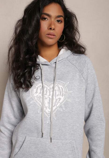 Jasnoszara Klasyczna Bluza z Nadrukiem na Przodzie i Kapturem Inalle