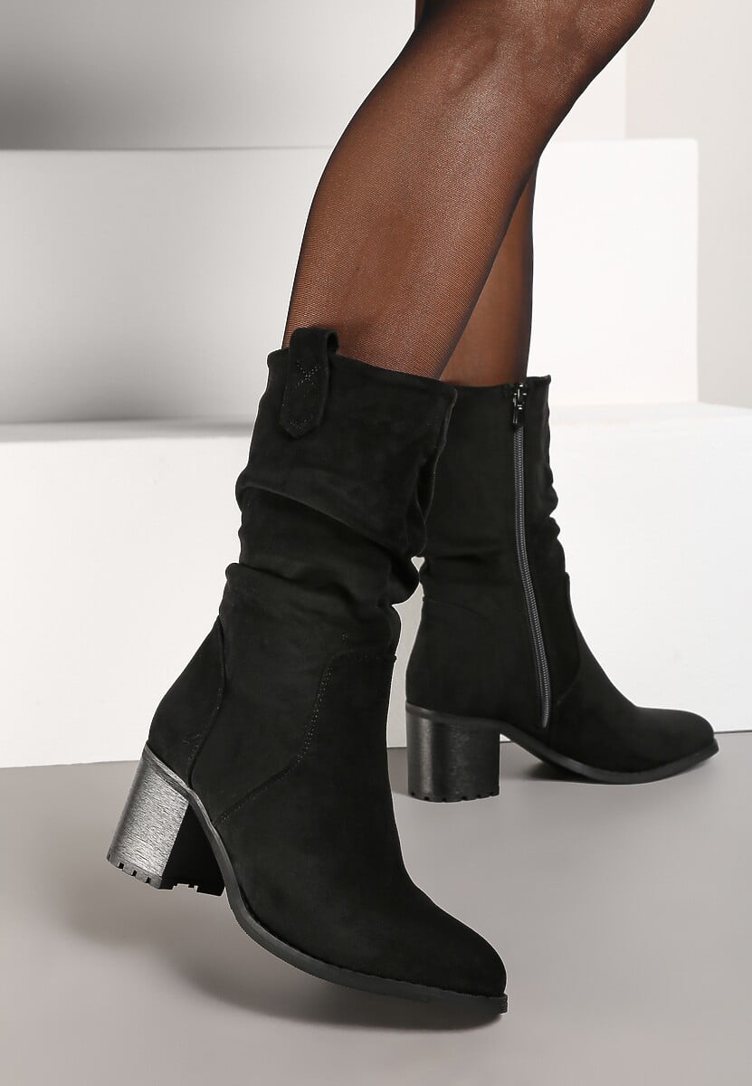 Czarne Botki o Fasonie Kowbojek z Marszczoną Cholewką za Kostkę Alfzara