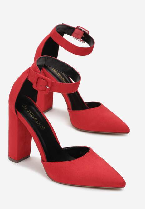 Czerwone Czółenka na Słupkowym Obcasie ze Sprzączką Terria