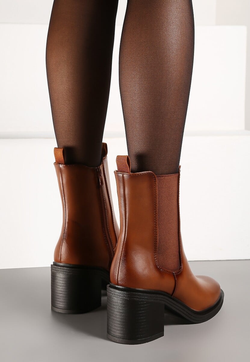 Brązowe Ocieplane Botki na Słupku w Stylu Sztybletów Tarinne