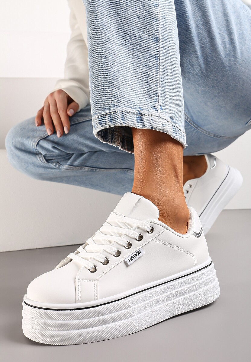 Biało-Czarne Sneakersy przed Kostkę na Grubej Podeszwie Kernia