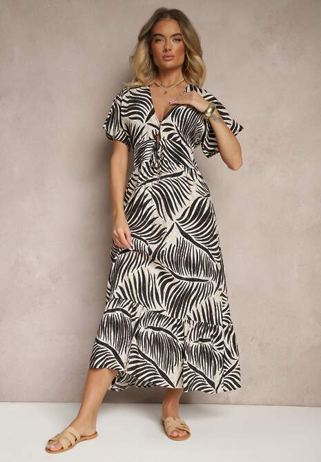 Czarna Sukienka Wiskozowa o Rozkloszowanym Kroju w Liściasty Wzór Beledia