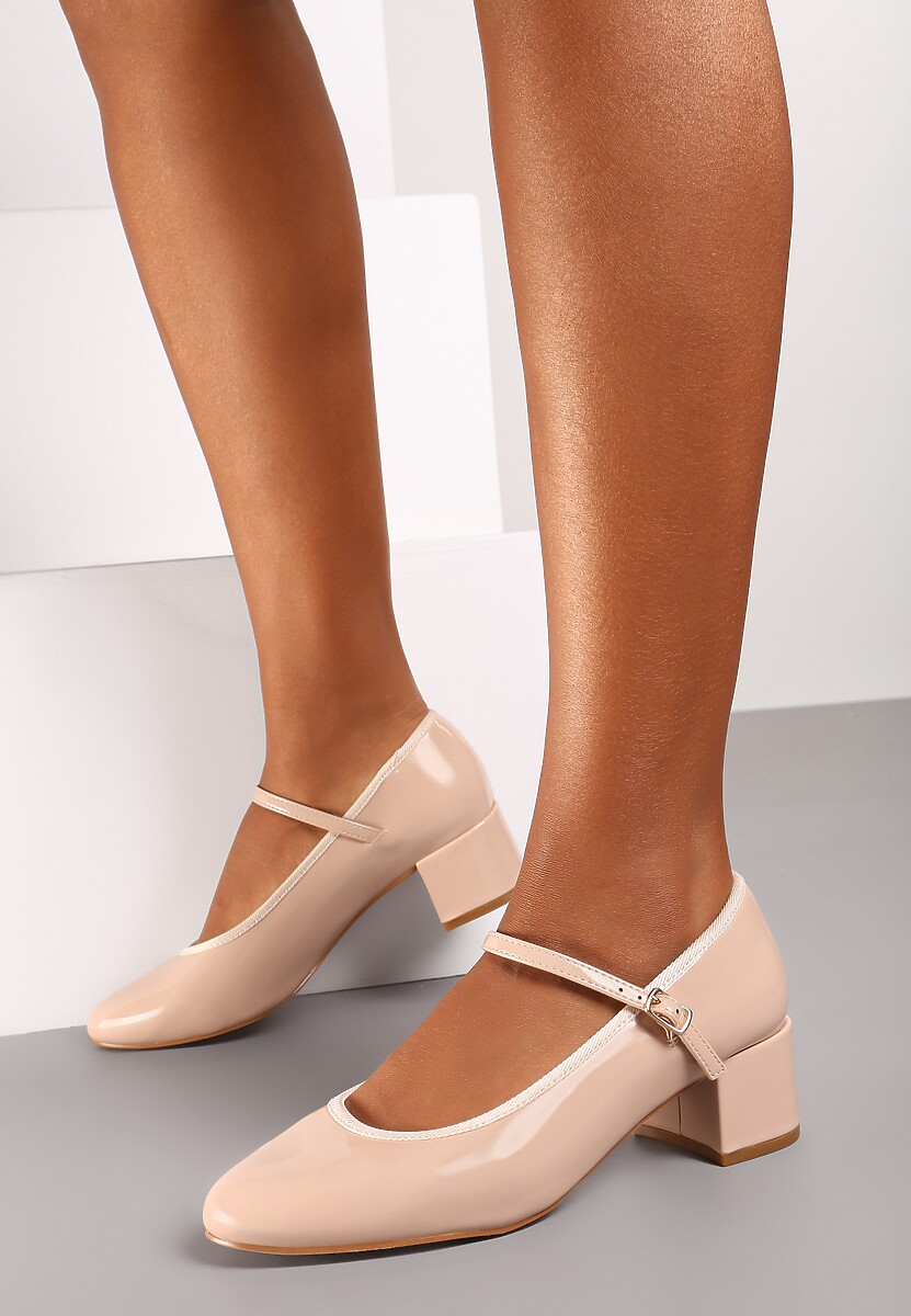Beżowe Półbuty Lakierowane na Słupku Mary Jane Zapinane na Sprzączkę Timaree