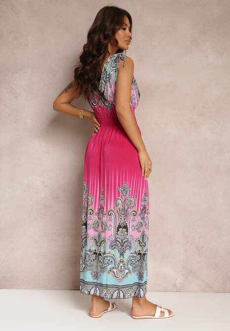 Ciemnoróżowa Rozkloszowana Sukienka z Gumką w Talii i Sznurkami na Ramiączkach Railia