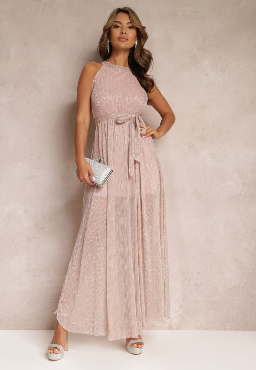 Fioletowa Sukienka z Dekoltem Halter Błyszczącą Nicią i Gumką w Pasaie Ketura