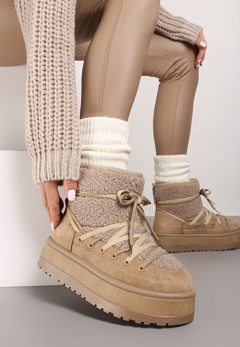 Ciemnobeżowe Śniegowce na Platformie Wykończone Sztucznym Futerkiem Terilani