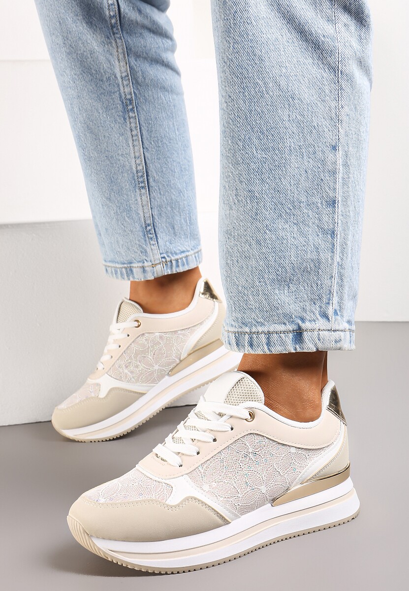 Beżowe Sneakersy na Grubej Podeszwie z Brokatem i Metaliczną Wstawką Velari