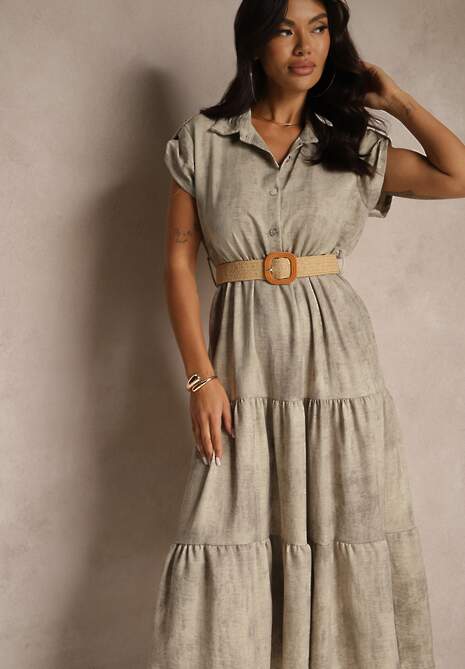 Beżowa Sukienka z Guzikami i Paskiem z Plecionki Fillona