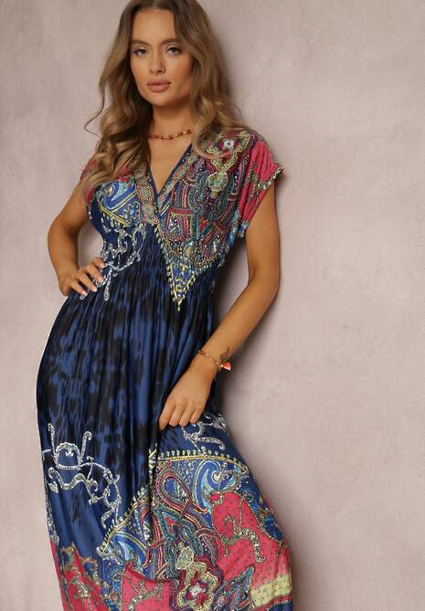 Granatowa Sukienka o Kopertowym Kroju w Ornamentalny Print Nalori