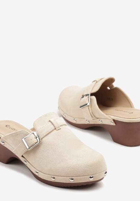 Beżowe Klapki na Słupku Chodaki Ozdobione Klamrą Ellane