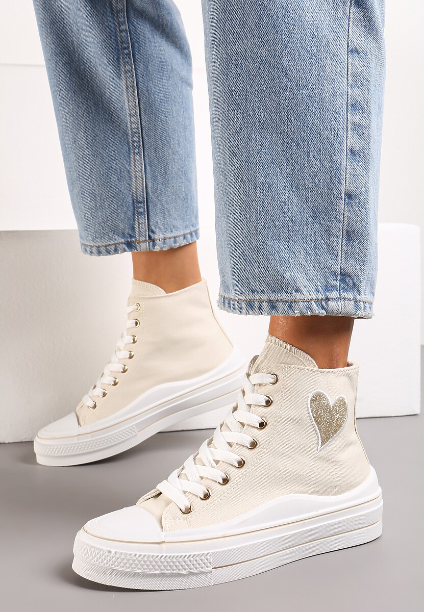 Beżowe Trampki za Kostkę na Niskiej Platformie z Brokatową Ozdobą w Kształcie Serca Annexla