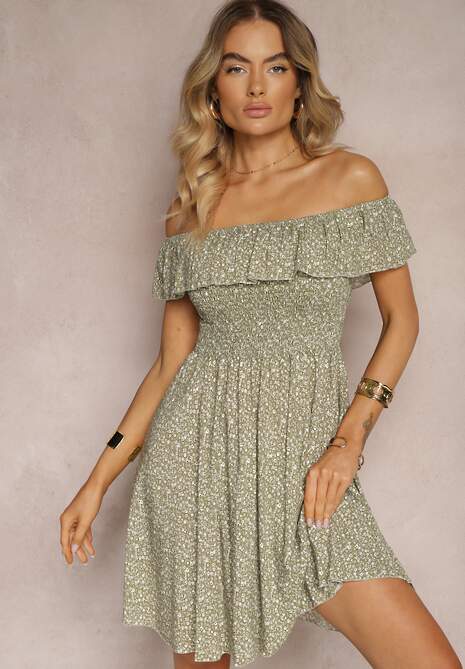 Ciemnozielona Kwiecista Sukienka Hiszpanka z Bawełny z Gumką w Pasie Nevima