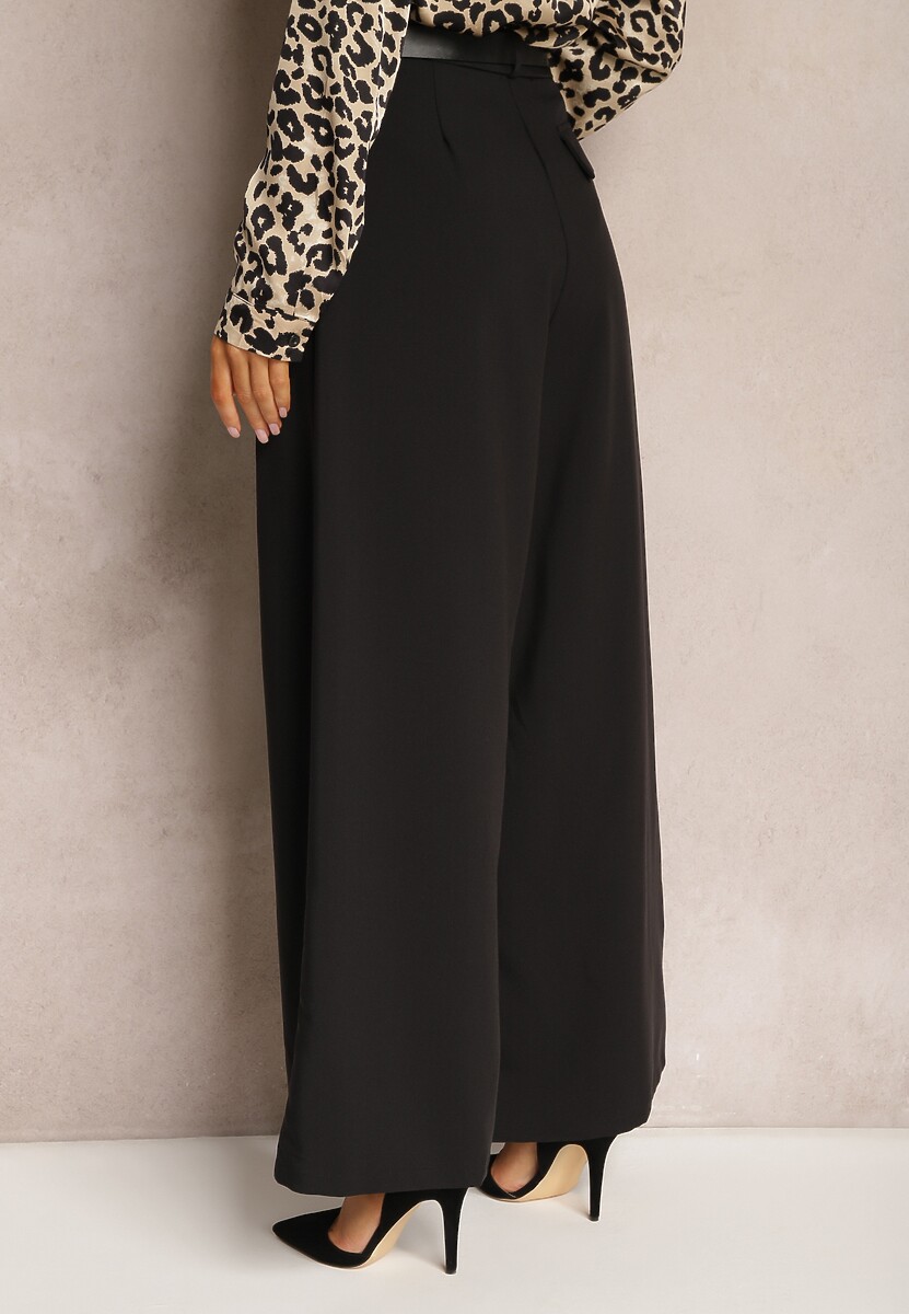 Czarne Szerokie Spodnie w Stylu Palazzo z Paskiem Detalia