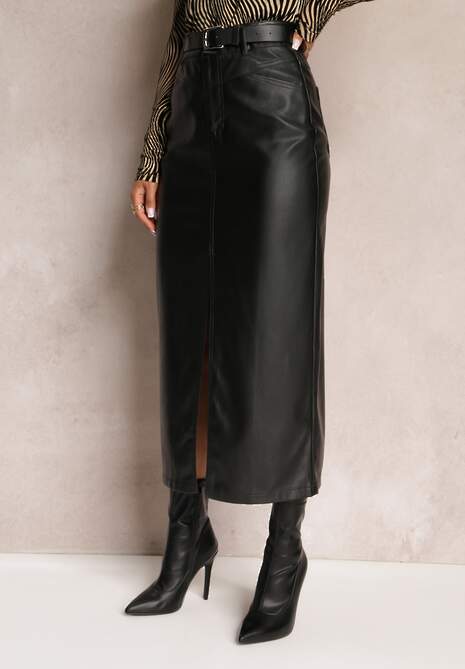 Czarna Ołówkowa Spódnica Maxi z Ekoskóry Evell