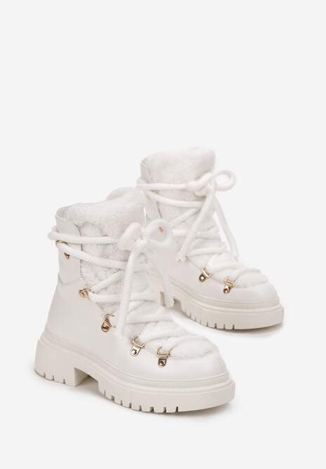 Białe Traperki Wiązane na Sznurek Ozdobione Kożuszkiem Sidonnie