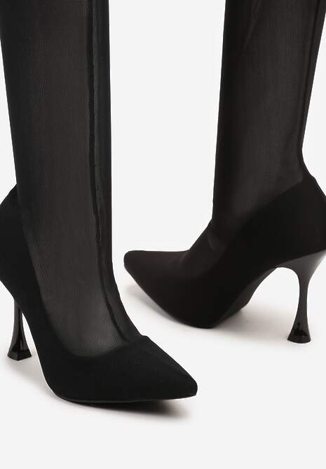 Czarne Szpilki Kozaki z Cholewką z Siateczki Mirfitia