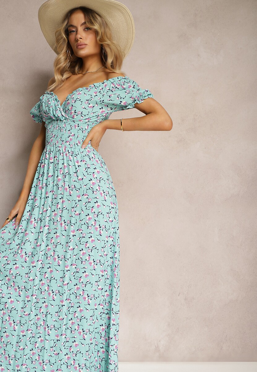 Niebieska Wiskozowa Sukienka w Kwiaty z Trójkątnym Dekoltem i Gumką w Talii Lasteri