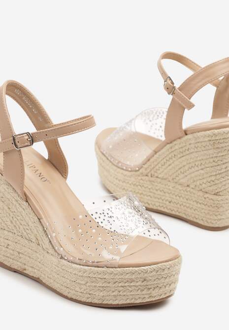 Beżowe Przezroczyste Sandały na Koturnie z Plecionką i Cyrkoniami Alulia