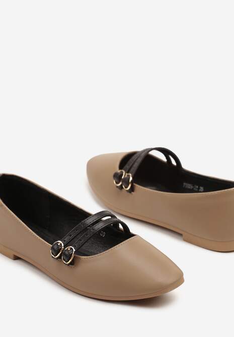 Ciemnobeżowe Balerinki w Stylu Mary Jane z Paseczkami Davinara