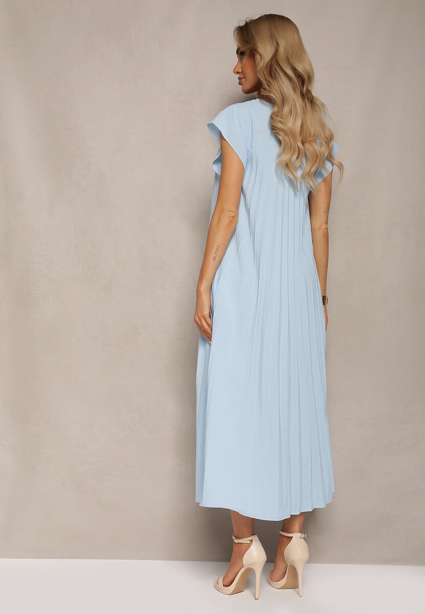 Niebieska Rozkloszowana Sukienka z Plisowaniem i Krótkim Rękawem Hevina