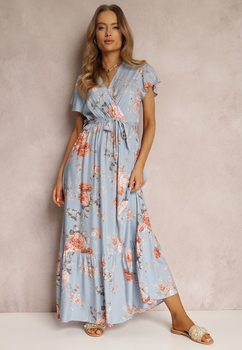Jasnoniebieska Sukienka w Kwiaty o Kopertowym Kroju z Wiązanym Paskiem Iphene