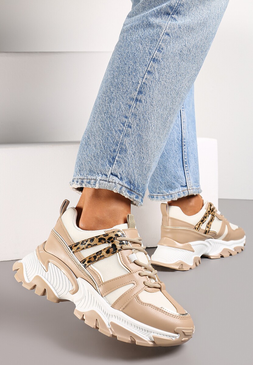 Białe Sznurowane Sneakersy na Grubej Podeszwie ze Wstawkami i Brokatem Widgeta